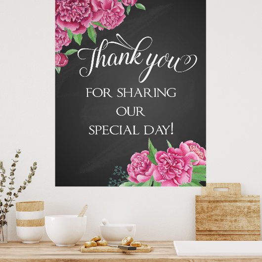 ありがとうフローラピンク結婚牡丹の黒板 ポスター (キッチン)