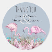ありがとうブラッキングフラミンゴ熱帯ビーチ結婚式 ラウンドシール (正面)