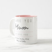ありがとうママ。私たちはあなたを愛している。母 ツートーンマグカップ (正面左)