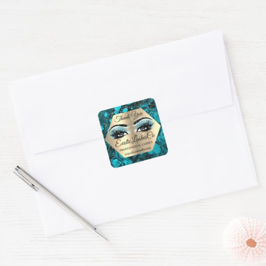 ありがとうメイクアップアーティスト金ゴールドLASHESブルー金ゴールド スクエアシール (封筒)