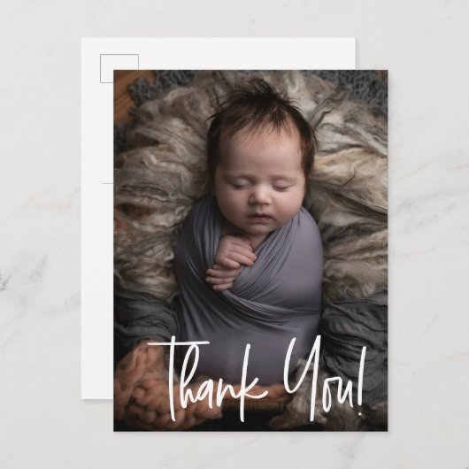 ありがとうモダンスクリプト男の赤ちゃん写真誕生 案内ポストカード (正面/裏面)
