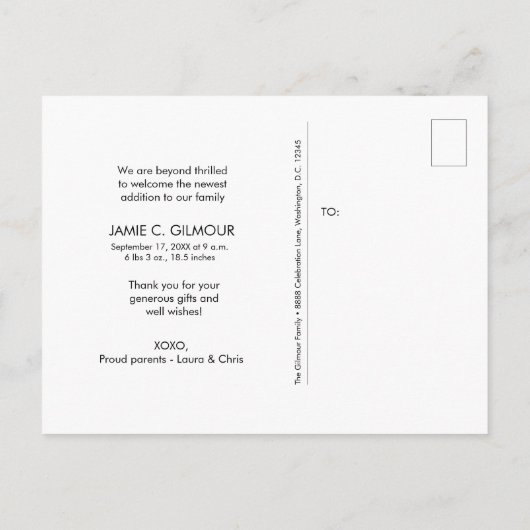 ありがとうモダンスクリプト男の赤ちゃん写真誕生 案内ポストカード (裏面)