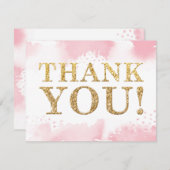 ありがとうモダン金ゴールドグリッターピンクの水色 招待状 (正面/裏面)