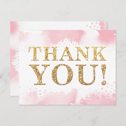 ありがとうモダン金ゴールドグリッターピンクの水色 招待状 (正面/裏面)