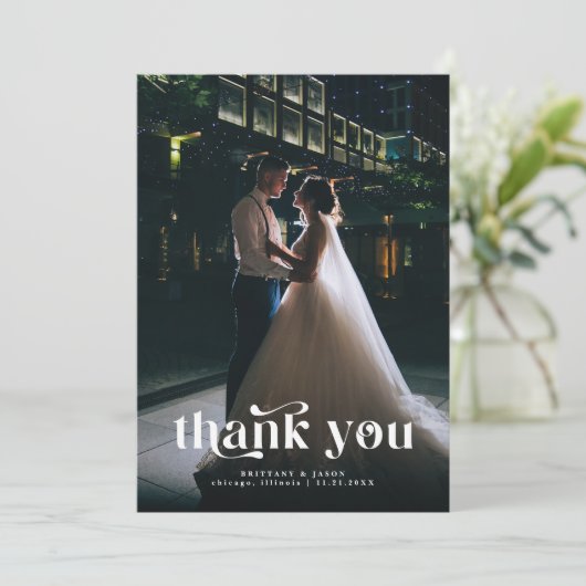 ありがとうレトロ結婚文字の縦写真 サンキューカード (スタンド正面)