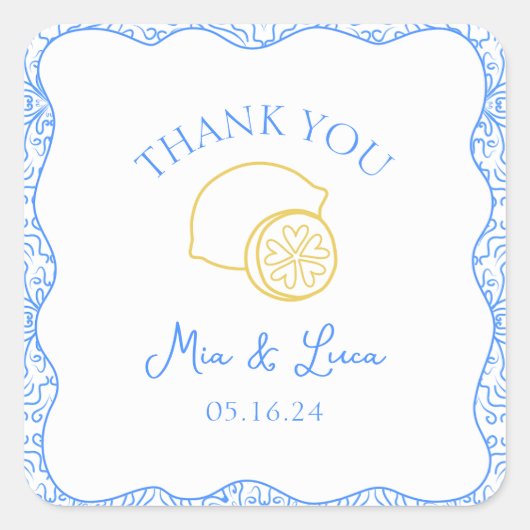ありがとうレモンブルーパーソナライズされたタイル結婚ズ スクエアシール (正面)