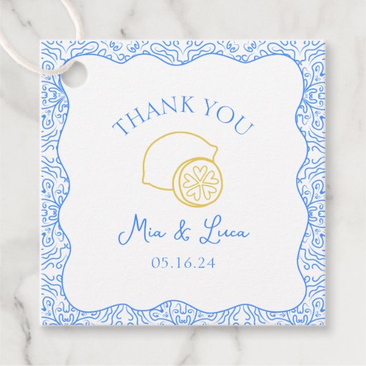 ありがとうレモンブルーパーソナライズされたタイル結婚ズ フェイバータグ (正面)