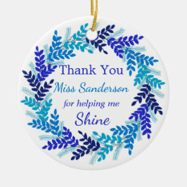 ありがとう先生のギフトブルーのクリスマスリース セラミックオーナメント