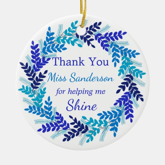 ありがとう先生のギフトブルーのクリスマスリース セラミックオーナメント (正面)