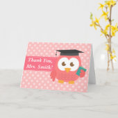 ありがとう先生、先生フクロウ、ピンク水玉模様 カード (黄色い花)