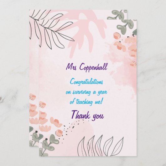 ありがとう先生。編集可能な先生名と子名 サンキューカード (正面/裏面)