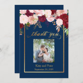 ありがとう写真結婚のフローラネイビーBurgundy金ゴールド サンキューカード (正面/裏面)