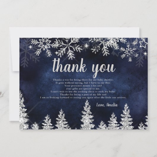 ありがとう冬の銀雪の松の赤ちゃんシャワー サンキューカード (正面)