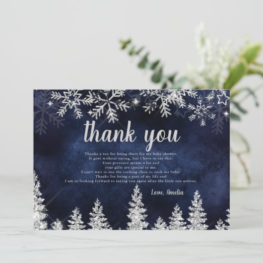 ありがとう冬の銀雪の松の赤ちゃんシャワー サンキューカード (スタンド正面)