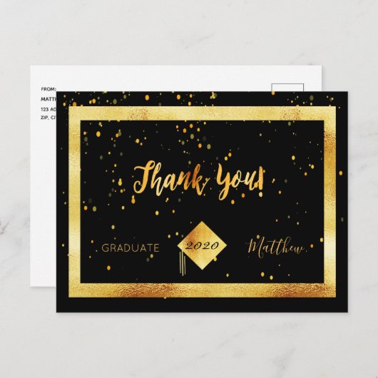 ありがとう卒業おめでとうブラックゴールドコンフェッティ ポストカード (正面/裏面)