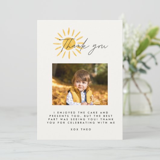 ありがとう可愛いおもしろい写真の水の色の太陽の誕生日 サンキューカード (スタンド正面)