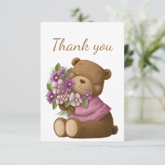 ありがとう可愛いテディベア紫の花束 サンキューカード (スタンド正面)