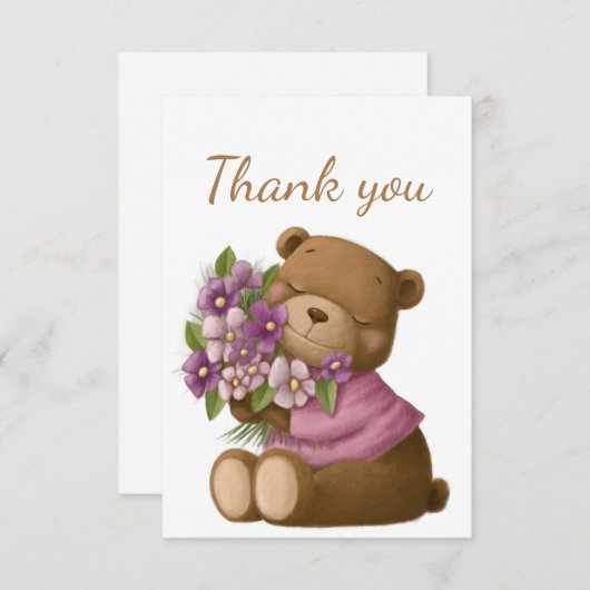 ありがとう可愛いテディベア紫の花束 サンキューカード (正面/裏面)