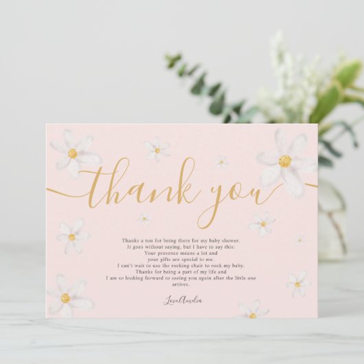 ありがとう可愛いデイジー水色金ゴールドベビーシャワー サンキューカード (スタンド正面)