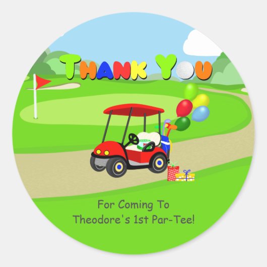 ありがとう可愛い1th誕生日レッドゴルフカート少年 ラウンドシール (正面)