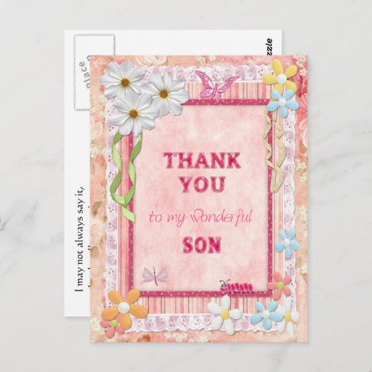 ありがとう息子、花と蝶のクラフトカード ポストカード (正面/裏面)