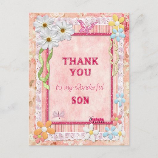 ありがとう息子、花と蝶のクラフトカード ポストカード (正面)