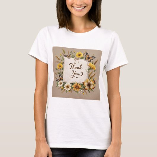 ありがとう手描きワイルドフラワー、小麦の茎 Tシャツ (正面)