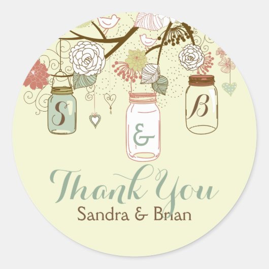 ありがとう文字とレトロの花とメイソンジャース ラウンドシール (正面)