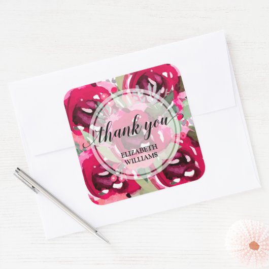 ありがとう文字水彩花 スクエアシール (封筒)