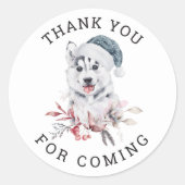 ありがとう来。冬のハスキー犬の赤ちゃんシャワー ラウンドシール (正面)