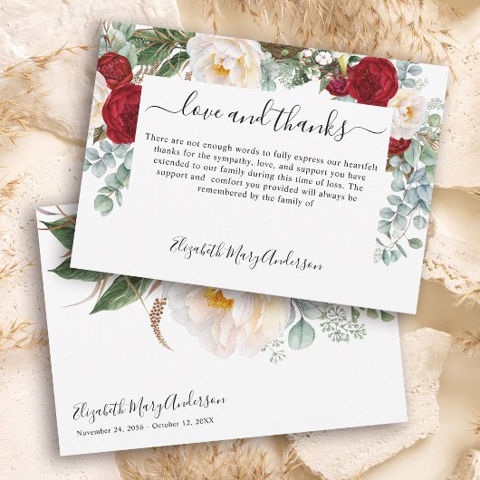 ありがとう死別レッドホワイトフローラメモリアル サンキューカード
