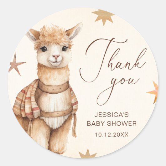 ありがとう水色ラマ赤ちゃんシャワー ラウンドシール (正面)
