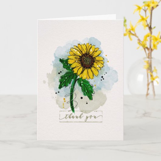 ありがとう水色SketchyDoodleひまわり カード (黄色い花)