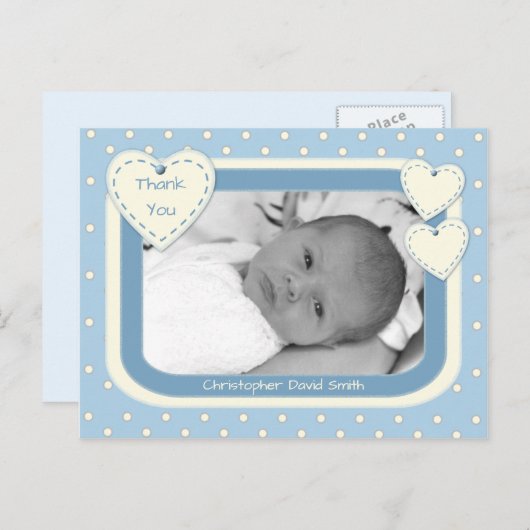 ありがとう男の赤ちゃんフォトポストカードブルー水玉模様 ポストカード (正面/裏面)