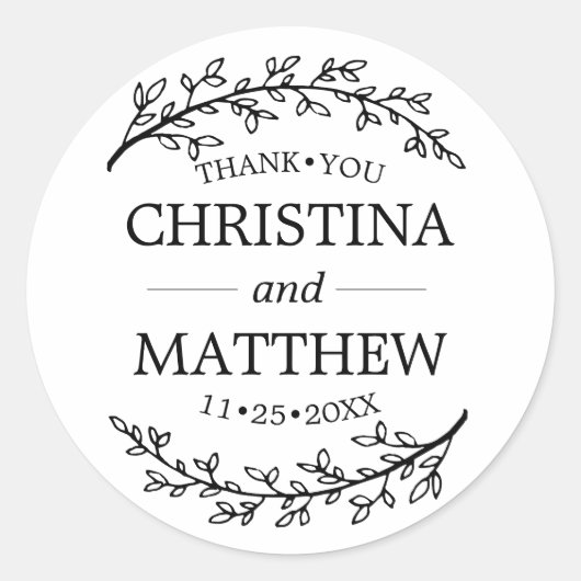 ありがとう白い黒いローレルの枝結婚の ラウンドシール (正面)