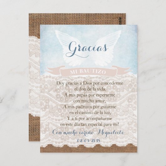 ありがとう祈りの言葉カードスペインの、男の子のバプテスマ ポストカード (正面/裏面)