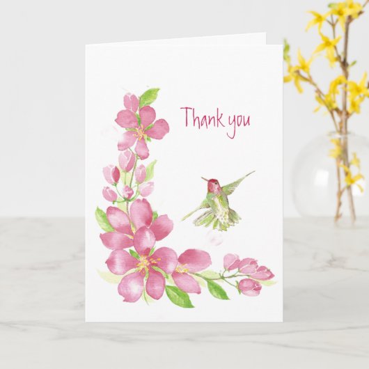 ありがとう空白のさくらんぼブロッサム&ハミングバード カード (黄色い花)