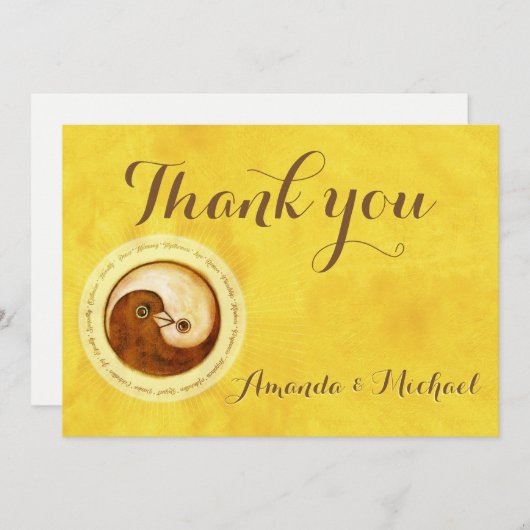 ありがとう結婚のカード金ゴールドYinYang doves調和 サンキューカード (正面/裏面)