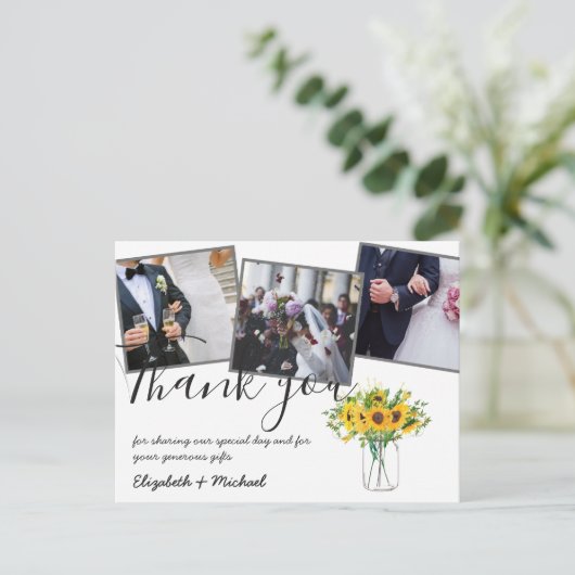 ありがとう結婚の写真オーバーレイ文字ひまわり ポストカード (スタンド正面)