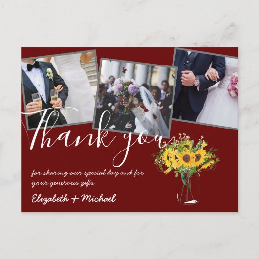 ありがとう結婚の写真オーバーレイ文字ひまわり ポストカード (正面)
