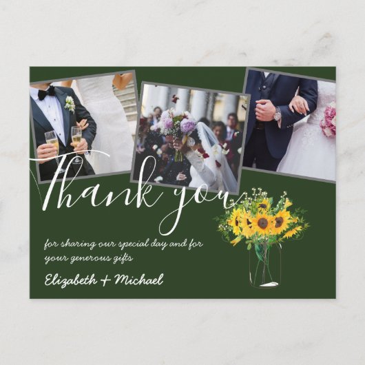 ありがとう結婚の写真オーバーレイ文字ひまわり ポストカード (正面)