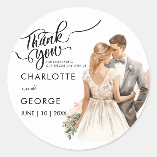 ありがとう結婚の新郎新婦バックウォーターの色 ラウンドシール (正面)