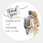 ありがとう結婚の新郎新婦バックウォーター色のクラス ラウンドシール (正面)