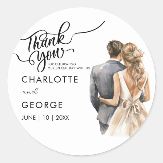 ありがとう結婚の新郎新婦バックウォーター色のクラス ラウンドシール (正面)