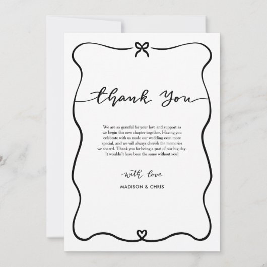 ありがとう結婚スクリプトの写真かわいい弓ハート サンキューカード (裏面)