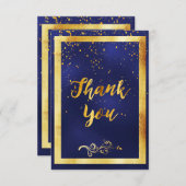 ありがとう結婚ダークブルーの金ゴールド紙吹雪 サンキューカード (正面/裏面)