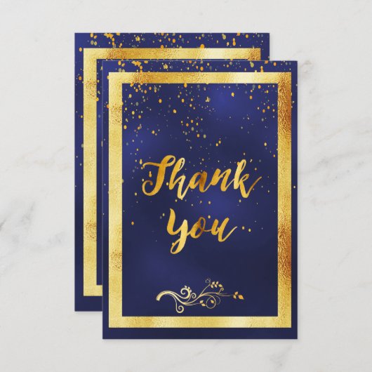 ありがとう結婚ダークブルーの金ゴールド紙吹雪 サンキューカード (正面/裏面)