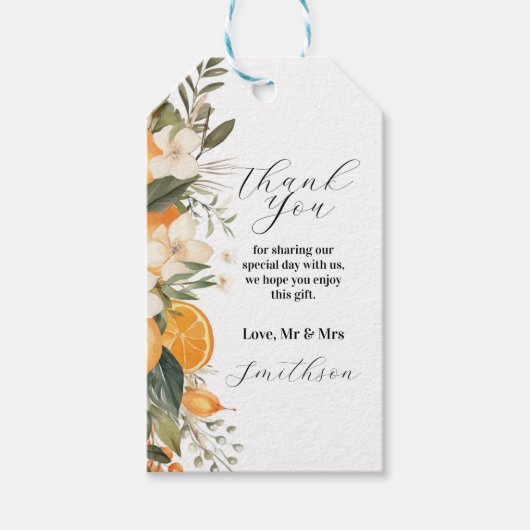 ありがとう結婚ラベルのフルーツ花模様オレンジ ギフトタグ (正面)