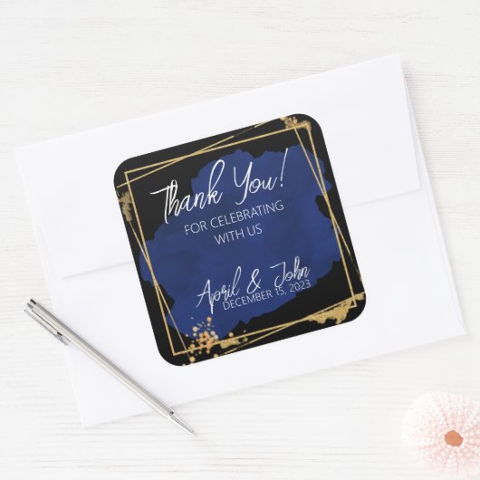ありがとう結婚式の引き出物ラベル、青いシール スクエアシール (封筒)