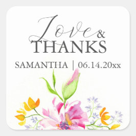ありがとう結婚式用シール水彩ピンク花模様 スクエアシール